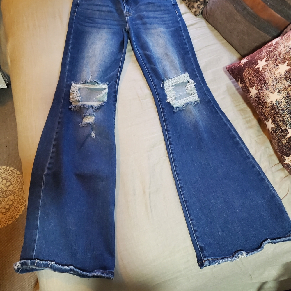 High-Rise Distressed Flare Jeans - Blue